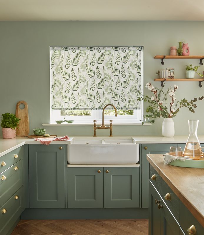 Clarice Fern Roller Blind - White and green watercolour bamboo leaves