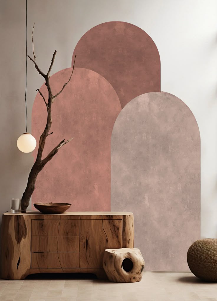 Modern Pink Arch headboard wall decal - Japandi Boho Abstract wallpaper - Nursery kids room sticker art decor home gift, A-57