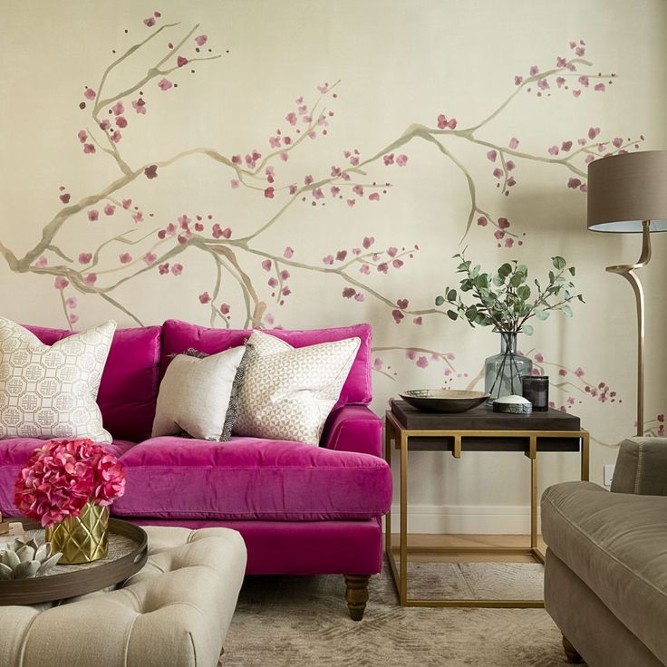 Pink cherry blossom wallpaper, living room wall mural, nature design
