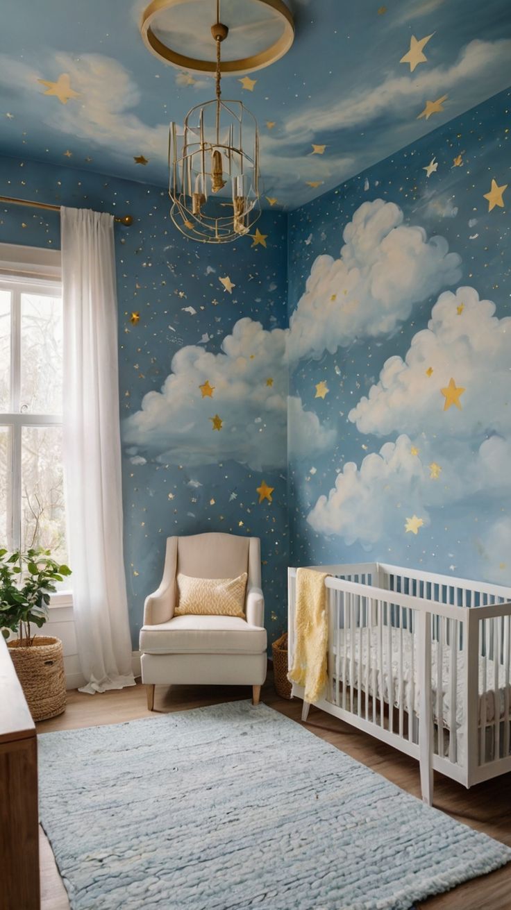 Whimsical Cloud and Star Mural for Nurseries
