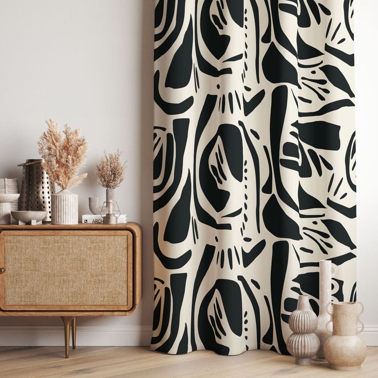 Abstract Curtain Panels, Black White Living Room Curtain, Modern Kitchen Window Drapes, Abstract Lines Bedroom Valances, Modern Home Curtain