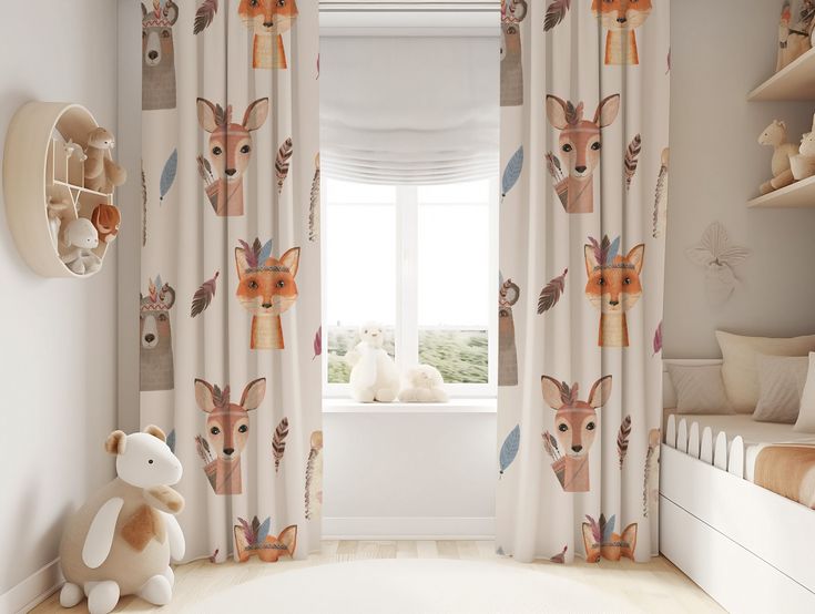 Boho Woodland Animals Kids Curtain, Nursery Curtains, Children Curtains, Baby Room Curtains, with…