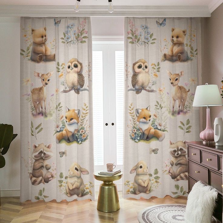 Cute Baby Animals Woodland Nursery Curtains, baby room curtains, bear, fox, deer, buck nursery curtains, woodland theme baby Nursery