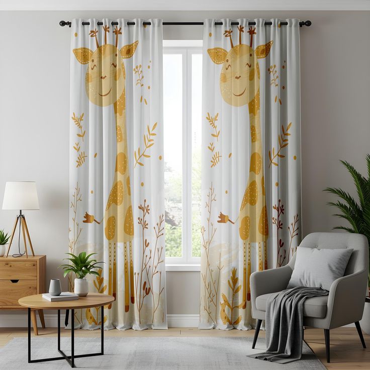 Cute Giraffe Nursery Curtains – Safari Animal Print Drapes for Baby and Kids Room - 52 x 104 (132cm x 264cm) _ Two Panels - Plush Fleece Lining
