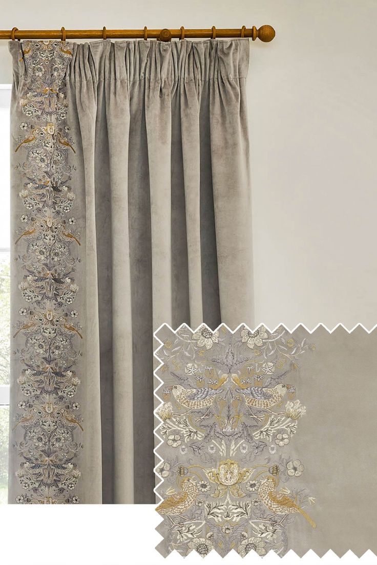 Morris & Co Biscuit Strawberry Thief Embroidered Pencil Pleat Curtain - biscuit