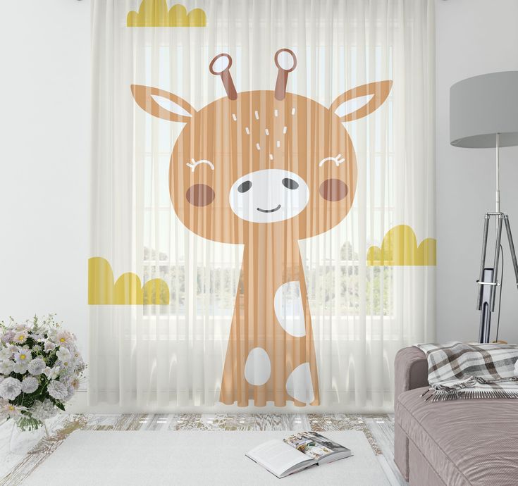 Niedliche Giraffe Kinder Tüll Vorhang,Netz Vorhang,Kinderzimmer Vorhang,Fenster Tüll,Waschbar Vorhang,Babyzimmer Vorhang