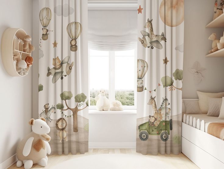 Safari Animals Baby Boy Room Curtains, Curtains with hot air baloons and airplanes, Curtains with animals, Curtains elephant, giraffe, lion