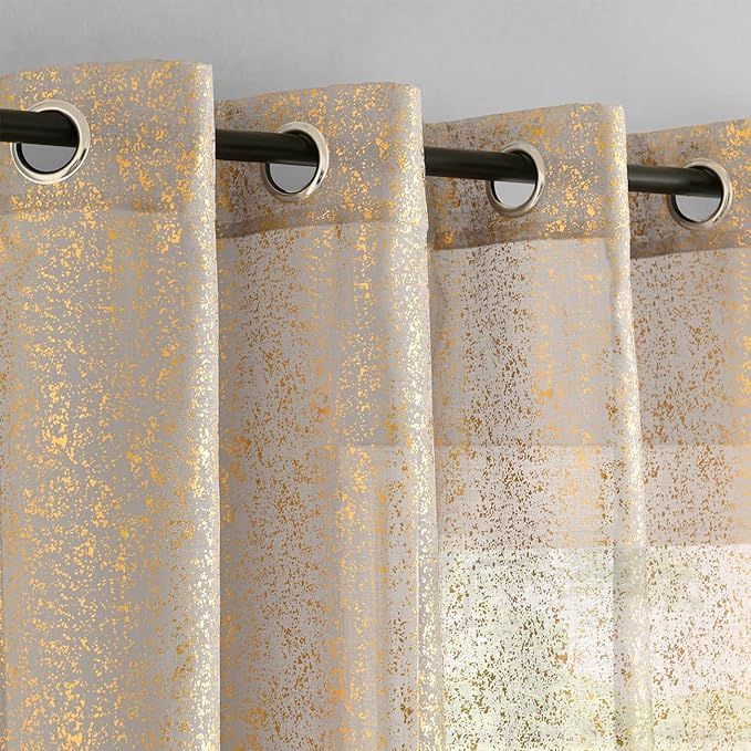 TERLTYEX Grey Gold Sheer Curtains 90 Inch Length, Metallic Gold Foil Spray Spots Shimmer Sheer Curtains for Bedroom, Grommet Privacy Sparkle Shimmer Sheer Curtain, 52 x 90 Inch, 2 Panels
