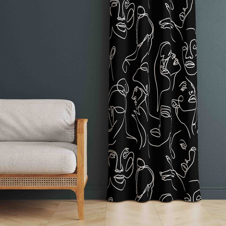 Window Curtains, Abstract Faces Drapes, Black Curtain Panels, Home Decor Window Treatments, Blackout Option, Custom Size, Living Room Drapes