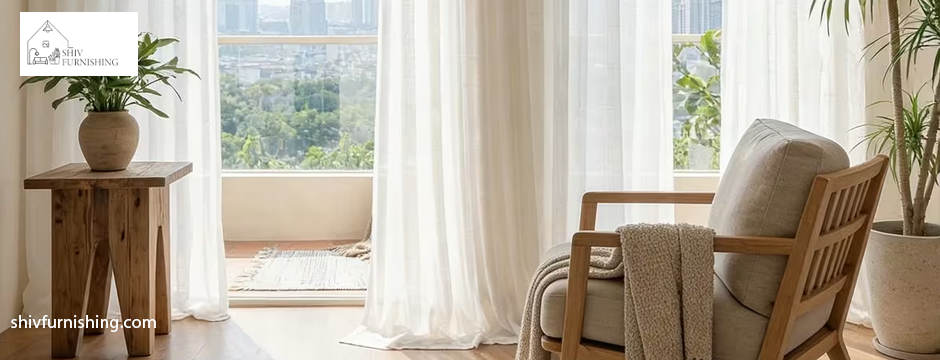 Modern living room with elegant sheer curtains showcasing curtain buying guide for stylish window decor.